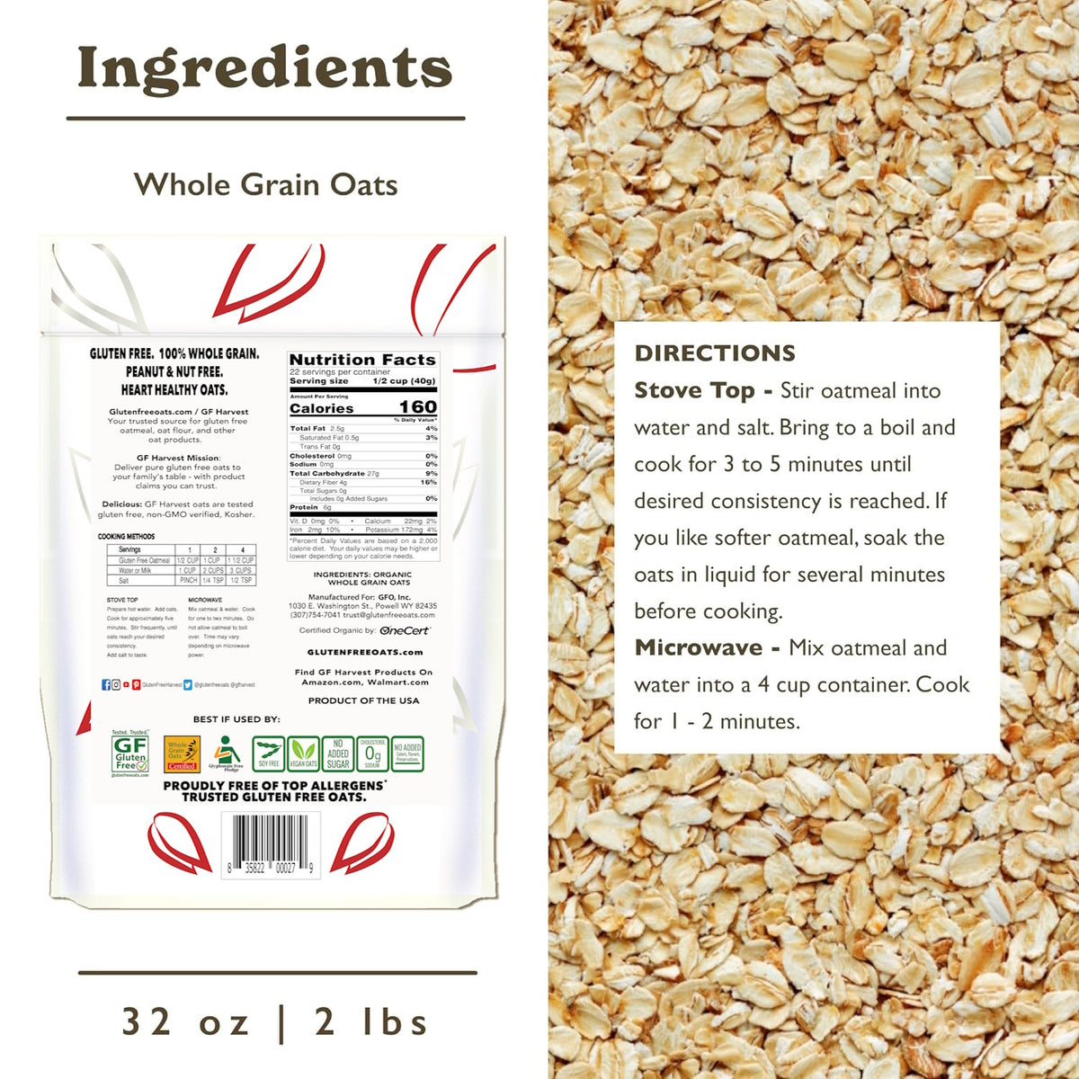 ORGANIC Gluten Free Rolled Oats  (2 pack, 4lbs total)