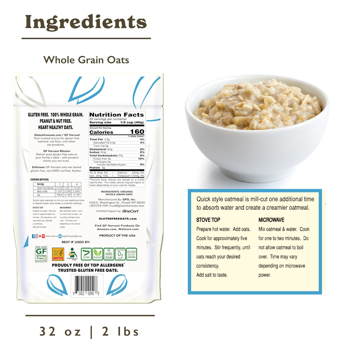 Gluten-Free Quick Cooking Oats (2 pack, 4lbs total)